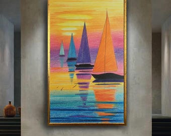 Colorful Sailboats at Sunset Ocean Landscape Drawing, Vibrant Nautical Wall Art Printable for Beach House or Coastal Decor