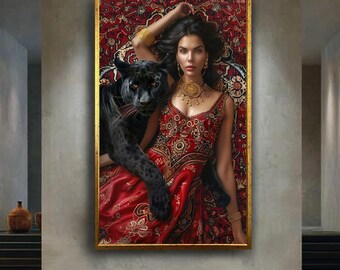 Exotic Woman with Black Panther Wall Art in Red Dress Regal Luxury Portrait Fantasy Animal Artwork Oriental Bohemian Decor