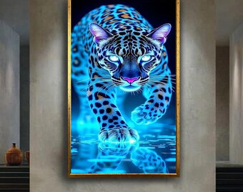 Neon blue jaguar canvas wall art print, glowing fantasy animal artwork, cyber jungle decor for gamer room or modern living space