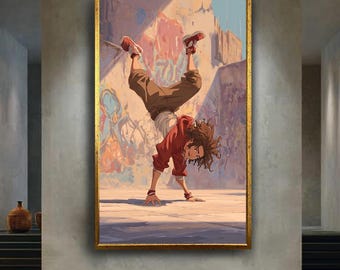 Anime Breakdancer Canvas Wall Art – Urban Street Style One Hand Handstand Graffiti Scene for Hip Hop and Dance Room Decor