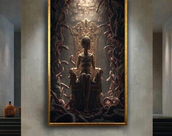 egyptian queen throne art mystical snake goddess canvas ancient power surreal fantasy woman wall decor dark moody artwork print