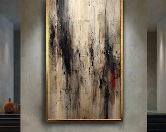 Modern Abstract Line Art Canvas Print – Neutral Black and Beige Wall Art with Subtle Red Accents for Minimalist or Contemporary Decor