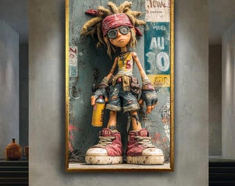 Urban Graffiti Kid Canvas Wall Art – Street Style Punk Character Illustration – Edgy Spray Paint Streetwear Poster for Cool Room Decor