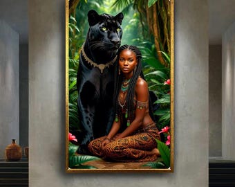 Black Woman and Panther Jungle Wall Art | Afro Tribal Goddess with Spirit Animal | Powerful Feminine Nature Canvas for Home Decor