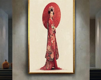 Red Japanese Geisha Wall Art Print – Elegant Kimono Woman with Umbrella Canvas – Traditional Oriental Poster – Asian Decor Artwork