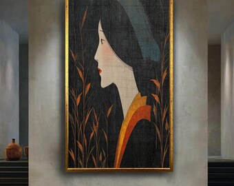 Minimalist Japanese Woman Wall Art – Modern Geisha Profile Canvas Print – Dark Oriental Portrait Poster – Asian Zen Home Decor