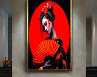 Red Japanese Geisha Wall Art – Bold Oriental Woman with Fan Canvas – Dramatic Japan Poster – Modern Asian Culture Home Decor