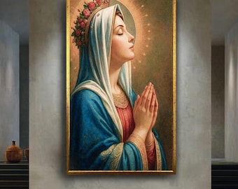 Virgin Mary Praying Canvas Wall Art, Sacred Catholic Religious Icon Print with Halo and Roses, Blessed Mother Christian Home Decor