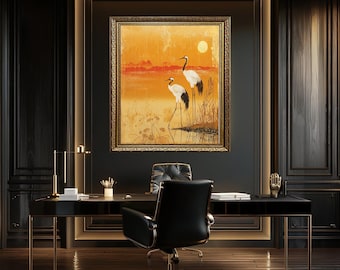 Japanese Crane Birds Wall Art Print, Minimal Asian Style Sunset Artwork, Traditional Oriental Nature Scene for Zen and Wabi Sabi Decor