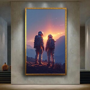 Quadro decorativo de astronautas ao pôr do sol, paisagem de ficção científica com vista para a galáxia, tela para fãs de ficção científica e decoração espacial.