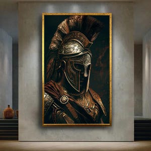 Ancient Roman Warrior Canvas Wall Art – Detailed Gladiator Armor and Helmet Portrait, Historic Soldier Print for Bold Classic Home Decor
