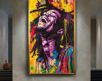 Colorful Laughing Man Portrait Canvas Wall Art, Modern Pop Art Style Artwork for Home Decor, Gift for Art and Music Lovers