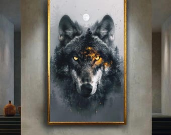 Mystical Wolf Wall Art with Glowing Eyes and Forest Double Exposure Moonlight Fantasy Animal Artwork Nature Home Decor