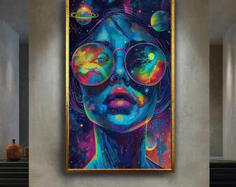 Psychedelic Galaxy Woman Canvas Art with Planets Reflected in Glasses – Cosmic Colorful Portrait Print for Visionary Room Decor