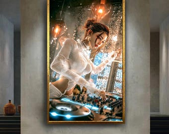 Elegant Female DJ Canvas Wall Art – Stylish Music Mixer Scene, Modern Nightclub Party Print, Trendy Music Lover Decor for Home or Studio
