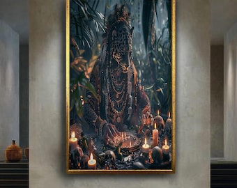 Shaman Jaguar Canvas Wall Art in Mystical Jungle Ritual Scene – Tribal Fantasy Animal Portrait for Dark Ethnic or Spiritual Decor