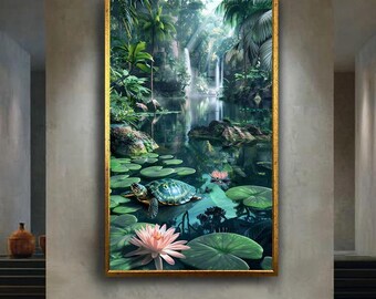 Tropical Jungle Turtle Canvas Wall Art, Peaceful Nature Pond with Waterfall and Lotus Flowers, Zen Jungle Landscape Print Decor