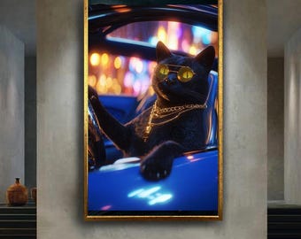 Cool Black Cat Canvas Wall Art with Gold Chains and Shades, Funny Luxury Animal Driving Print for Urban Decor, Street Style Artwork