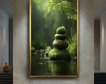 Zen Moss Stones Wall Art Print – Tranquil Nature Rain Canvas – Meditative Spa Decor Poster – Peaceful Green Balance Artwork