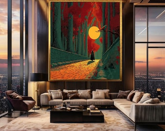 Fantasy Forest Canvas Wall Art Mysterious Cloaked Figure Walking Under Red Trees and Giant Sun Surreal Pathway Illustration Print