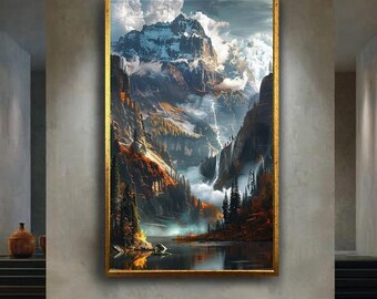 Majestic Mountain Landscape Canvas Wall Art Print with Waterfalls and Autumn Forest, Epic Nature Scene for Rustic Cabin or Adventure