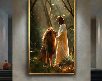 Jesus and Lion in Forest Wall Art – Spiritual Strength and Peace Canvas Print – Christian Religious Poster for Faithful Home Decor