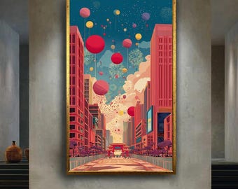 Colorful Festival Cityscape Canvas Art, Modern Celebration Street Poster, Fireworks and Balloons Urban Wall Print, Vibrant Skyline Decor