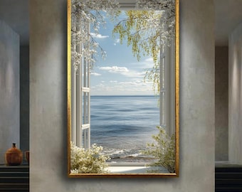 Open Window Ocean View Wall Art Print, Coastal Sea Landscape Poster, Spring Floral Window Canvas, Tranquil Nature Room Decor