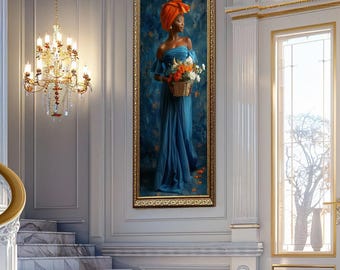 African Woman Wall Art Print Floral Basket Portrait Canvas Art Bold Headwrap Blue Dress Boho Home Decor