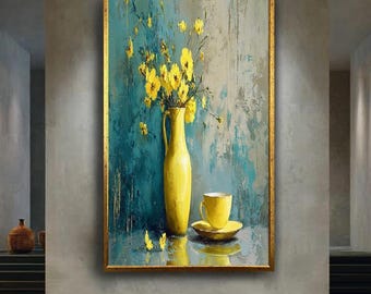 yellow floral vase print with coffee cup modern kitchen wall art bright flower still life canvas print teal background decor