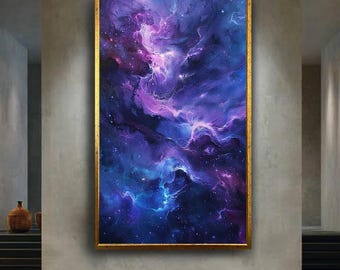 Purple and Blue Galaxy Canvas Wall Art with Stars and Nebula, Abstract Cosmic Space Painting for Modern Home and Office Decoration