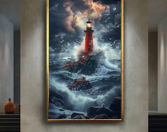 Stormy Lighthouse Canvas Wall Art Print, Dramatic Ocean Scene with Waves and Birds, Nautical Coastal Decor for Living Room or Office