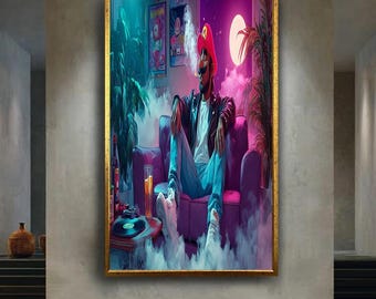 Vaporwave Mario-Inspired Canvas Wall Art – Chill Retro Gamer Character Smoking in Neon Room – Urban 80s Vibe Decor for Cool Interiors
