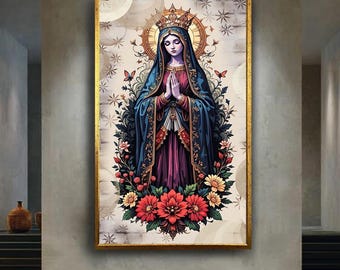 Modern Virgin Mary Wall Art Print | Spiritual Religious Madonna Canvas | Catholic Blessed Mother Artwork with Floral and Halo Design
