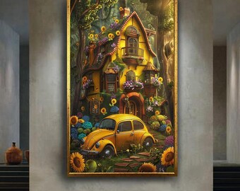 Fairy Tale Cottage Canvas Wall Art – Enchanted Yellow House with Flowers and Vintage Car – Whimsical Fantasy Print for Cozy Decor