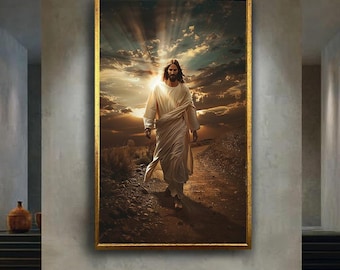 Jesus Christ Walking at Sunset Canvas Wall Art, Christian Religious Artwork for Home Decor, Spiritual Faith Gift for Believers