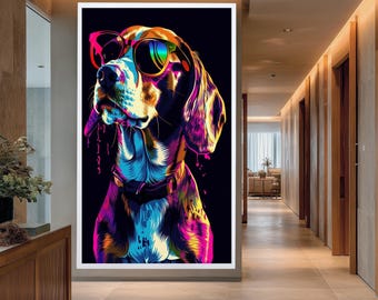 Colorful Pop Art Dog Wall Print with Neon Sunglasses, Modern Cool Pet Portrait Canvas for Fun and Bold Home Wall Decor