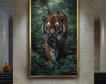 Dark Jungle Tiger Canvas Wall Art Print Mystical Wildlife Animal Poster for Office or Home Decor Vertical Safari Theme Gift Idea