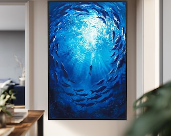 Underwater Ocean Canvas Wall Art – Deep Sea Diver Surrounded by Fish, Blue Marine Scene Artwork for Beach House or Nautical Decor
