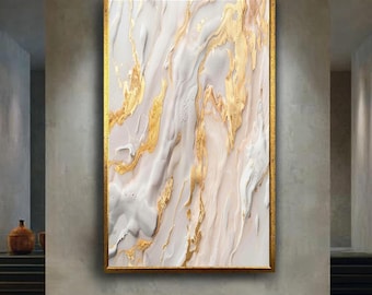 Abstract White Beige and Gold Marble Canvas Wall Art with Fluid Print, Modern Luxury Minimalist Home Decoration