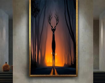 Mystical Deer in Foggy Forest Night Scene, Glowing Orange Light Behind Majestic Stag, Surreal Fantasy Woodland Wall Art Poster