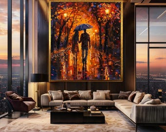 Romantic Couple Walking in Rain Wall Art with Autumn Leaves and Street Lights, Impressionist Style Canvas Print for Cozy Home Decor