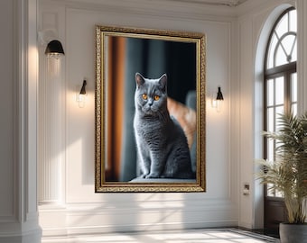 British Shorthair Cat Canvas Wall Art – Elegant Grey Feline Portrait with Amber Eyes, Modern Pet Artwork for Cat Lovers and Home Décor