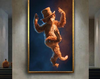 Dancing Monkey with Hat Canvas Wall Art – Cute and Whimsical Animal Character in Playful Pose for Fun Home or Kids Decor