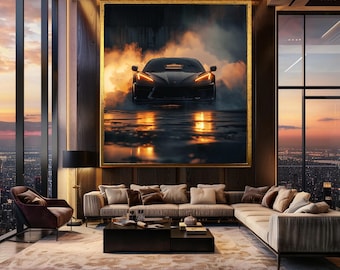 Aggressive Black Sports Car Wall Art Print, Cinematic Headlight Glow Photography, Dark Garage Decor for Modern Auto Enthusiast Interiors