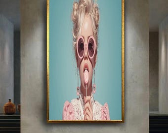 Kawaii Pink Girl Pop Art Poster, Retro Lollipop Wall Art Print, Candy Fashion Illustration, Pastel Aesthetic Digital Artwork