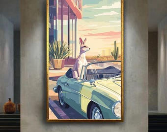 Retro Bunny Car Wall Art Print – Funny Animal Driving Vintage Convertible Canvas – Pop Art Rabbit Poster – Modern Whimsical Decor