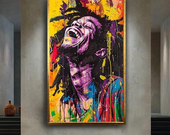 Colorful Laughing Man Portrait Canvas Wall Art, Modern Pop Art Style Artwork for Home Decor, Gift for Art and Music Lovers