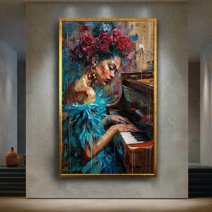 Piano Player Woman Canvas Wall Art, Colorful Oil Painting Style Music Artwork for Home Decor, Gift for Musicians and Art Lovers