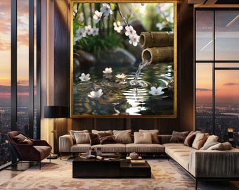 Zen Bamboo Fountain Wall Art Cherry Blossom Water Scene Peaceful Japanese Garden Print Calming Nature Poster Download